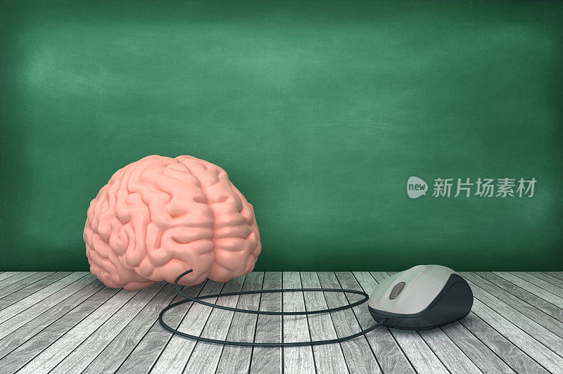 电脑鼠标在黑板上的大脑- 3D渲染